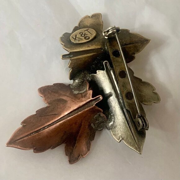 Vintage K&T Copper Brass Silver Leaves Brooch - Picture 5 of 6